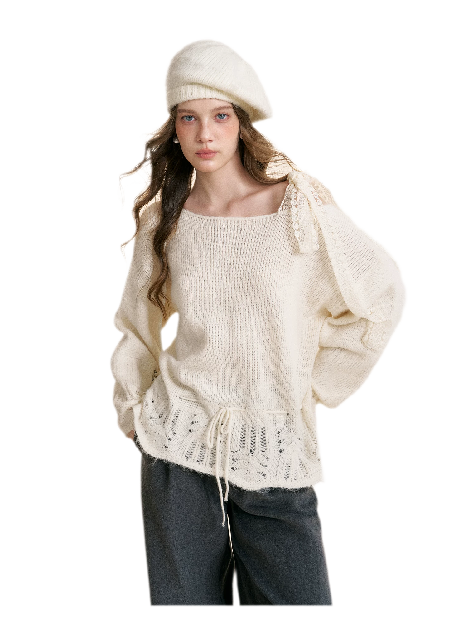 Lace Drawstring Off-Shoulder Sweater