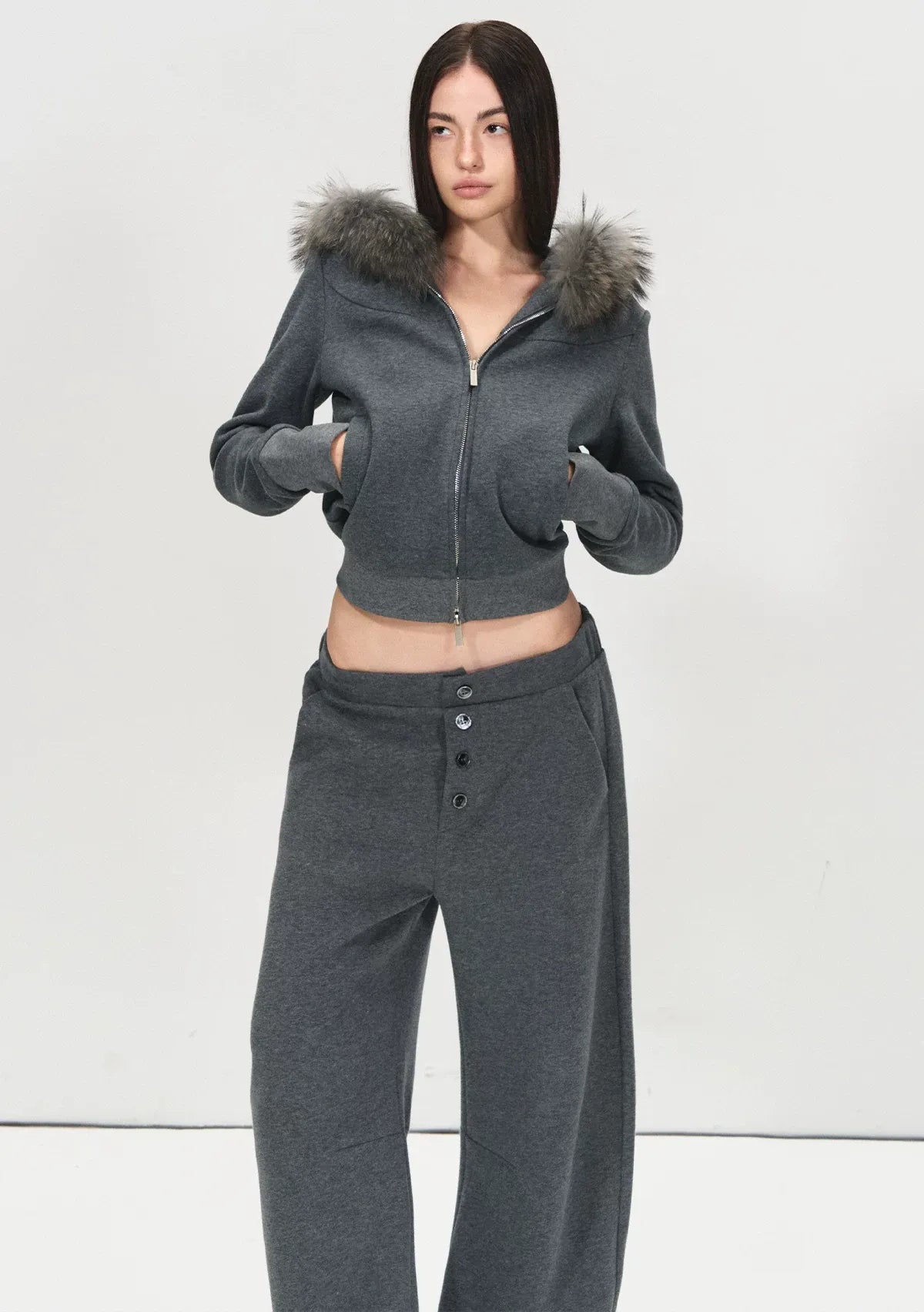 Detachable Fur Collar Fleece Hoodie & Relaxed Pants