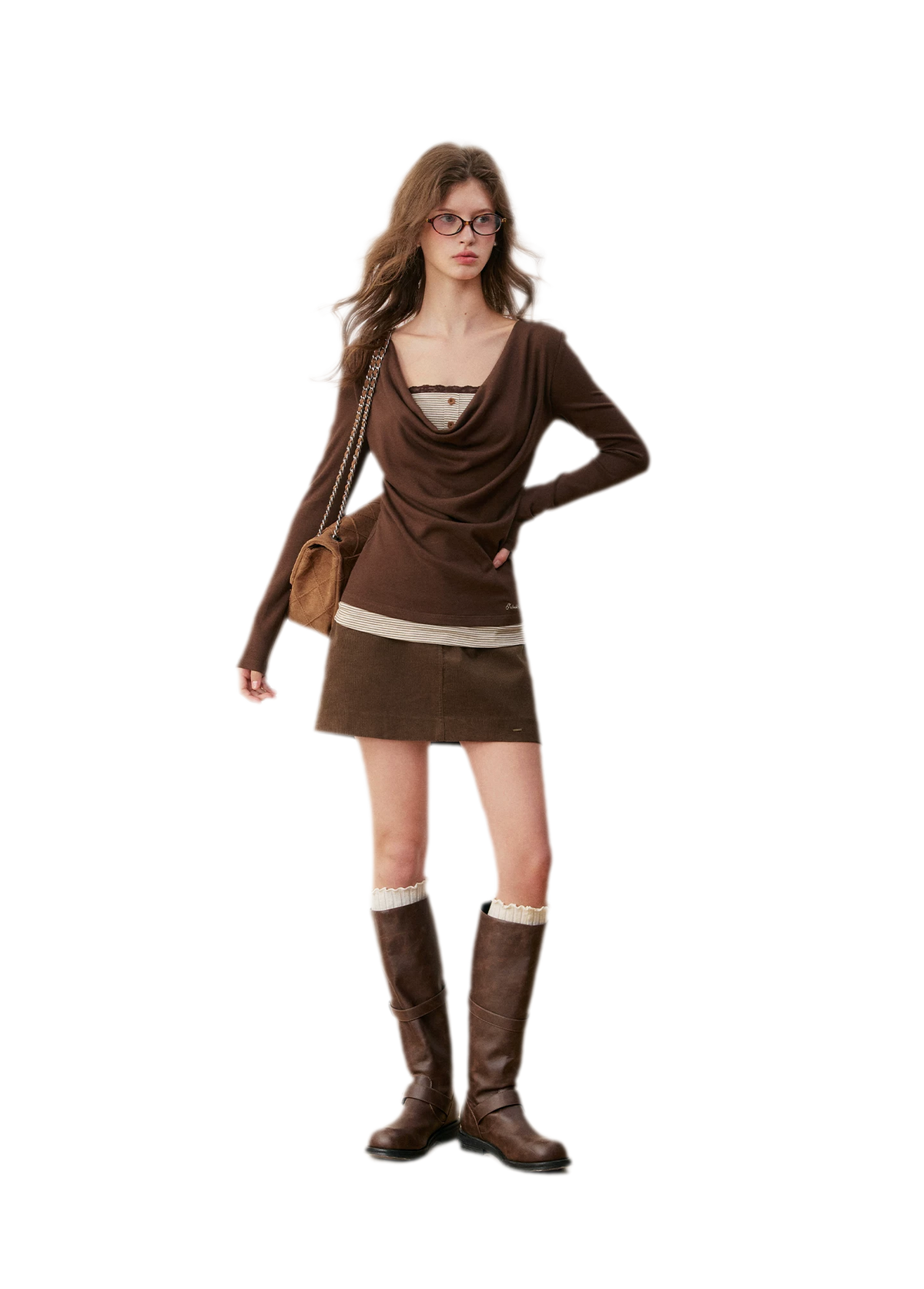 Striped Lace Cowl Neck T-Shirt