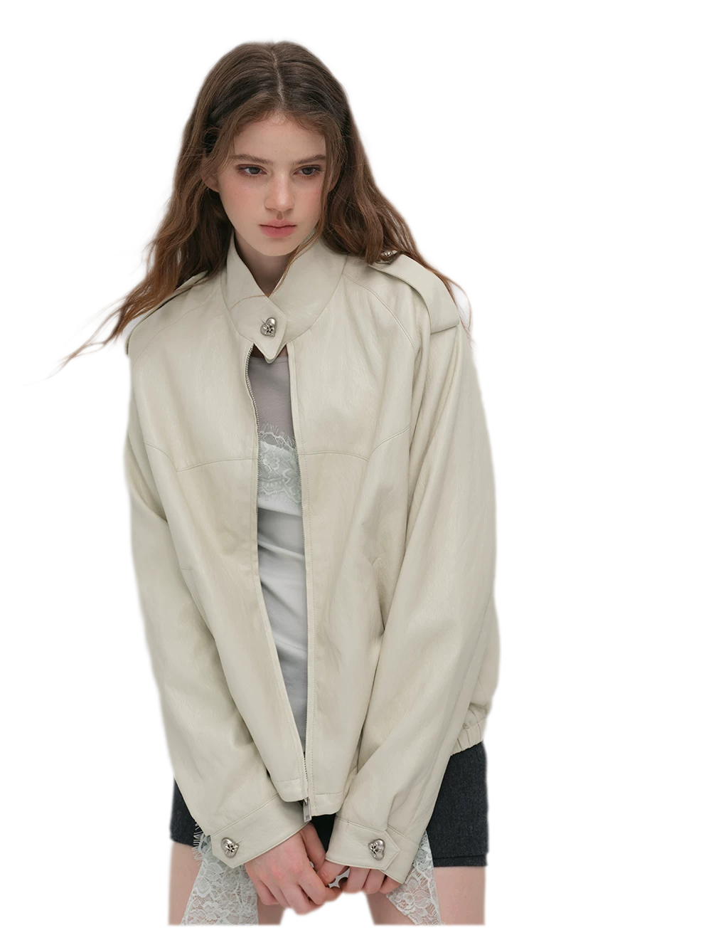 Faux-Leather Lychee-Texture Moto Jacket