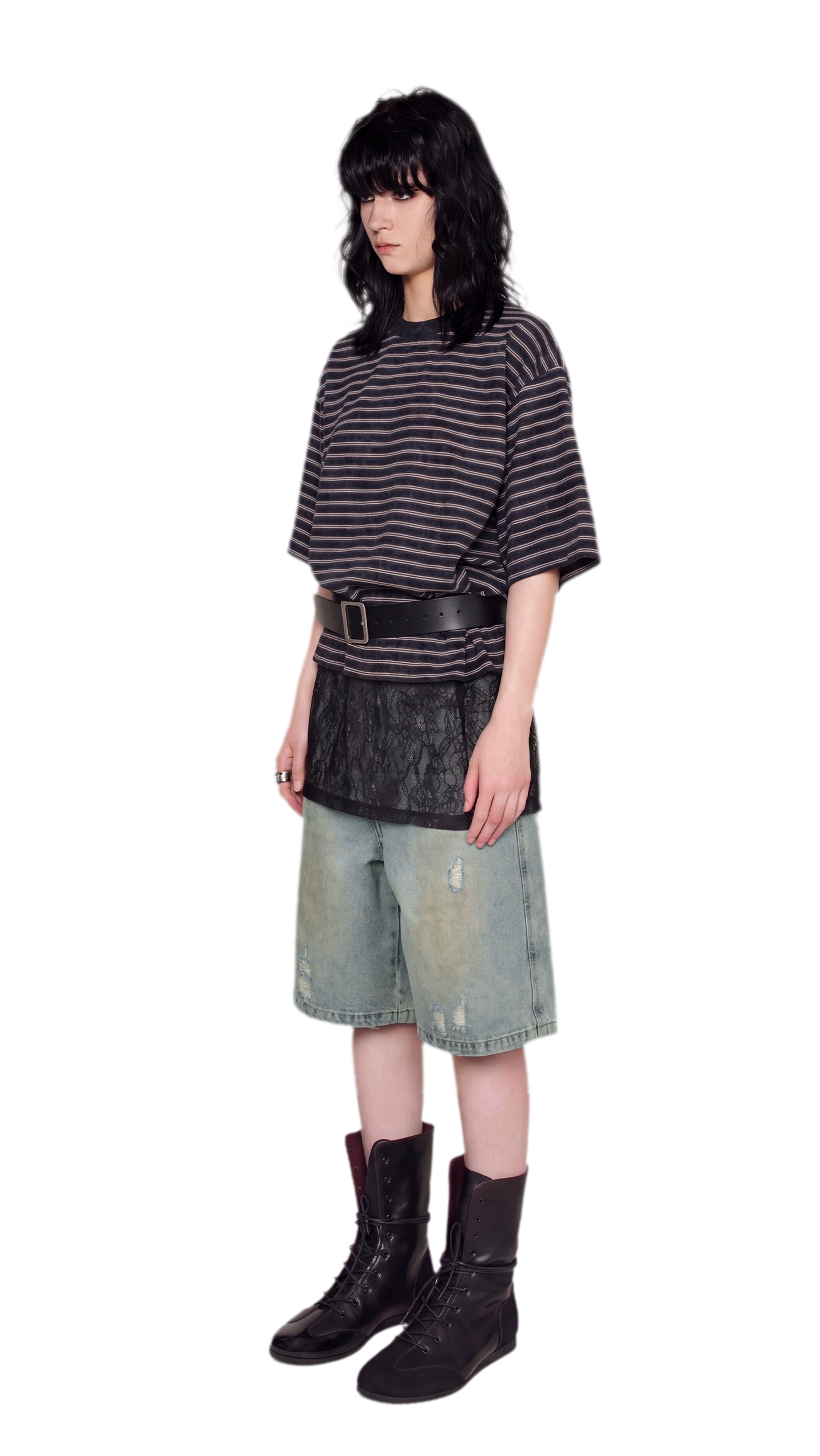 Striped Lace Hem T-Shirt