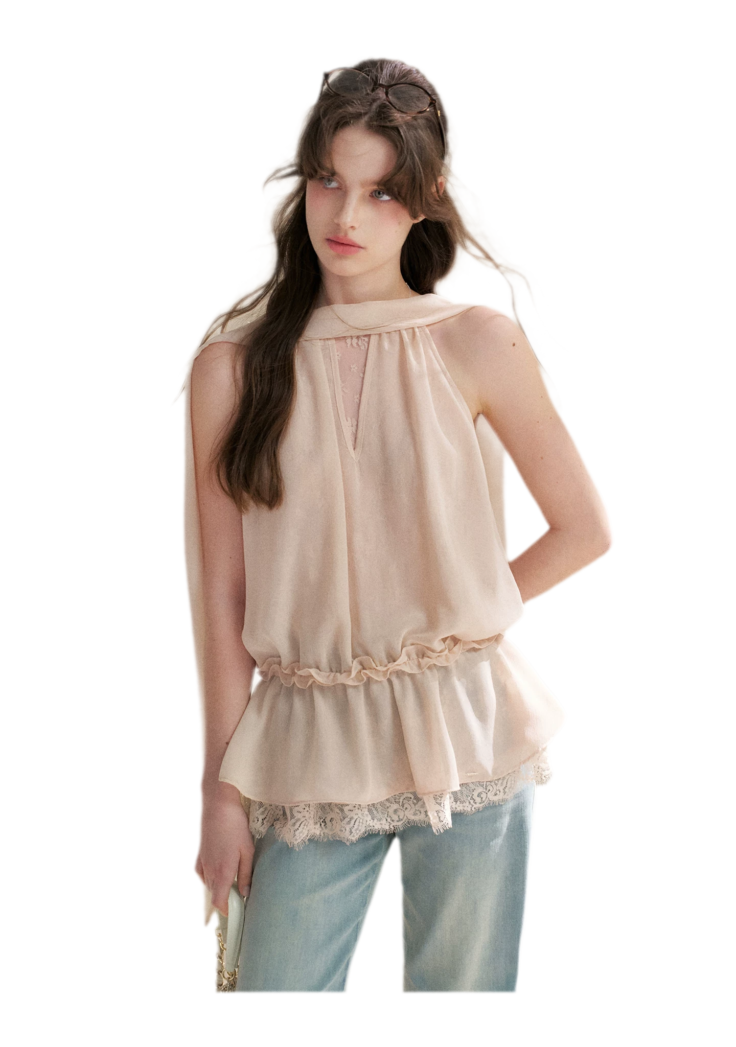Chiffon Lace Halter V-Neck Blouse