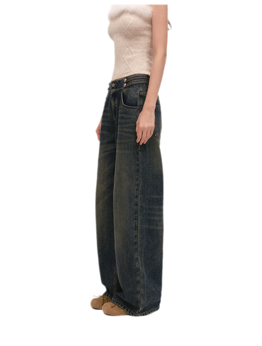 Quần jeans ống rộng giặt bạc chải xước