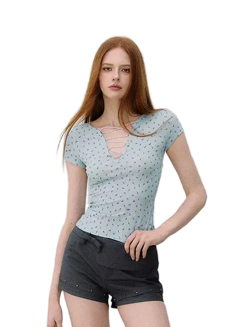Cross Tie Hollow V-Neck Slim Short Sleeve T-Shirt