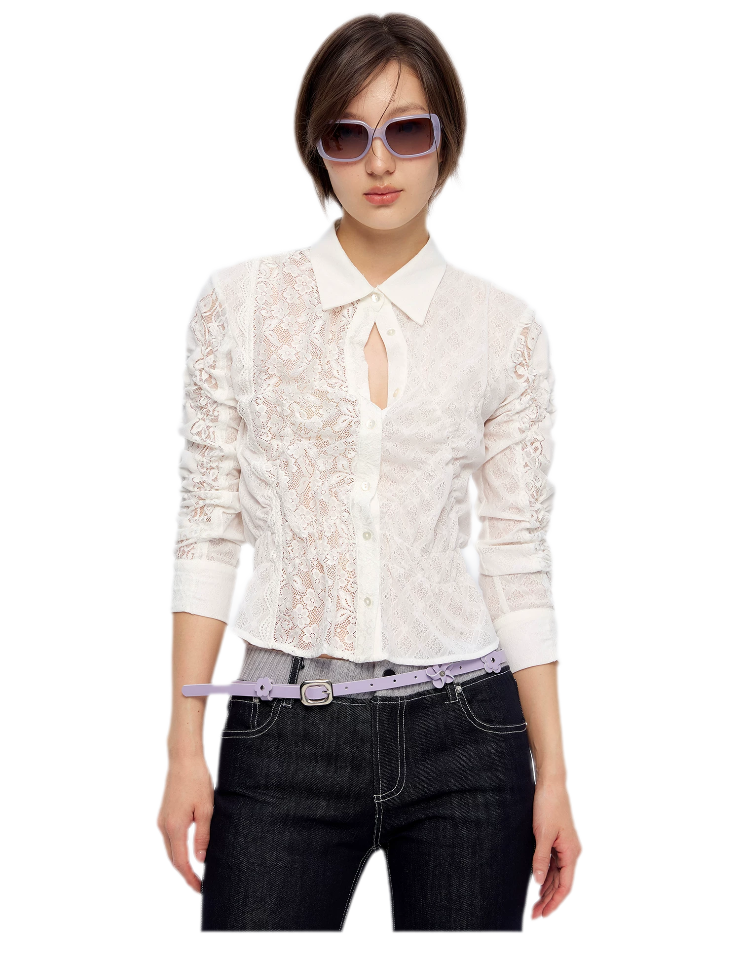 Lace Shirred Peplum Blouse