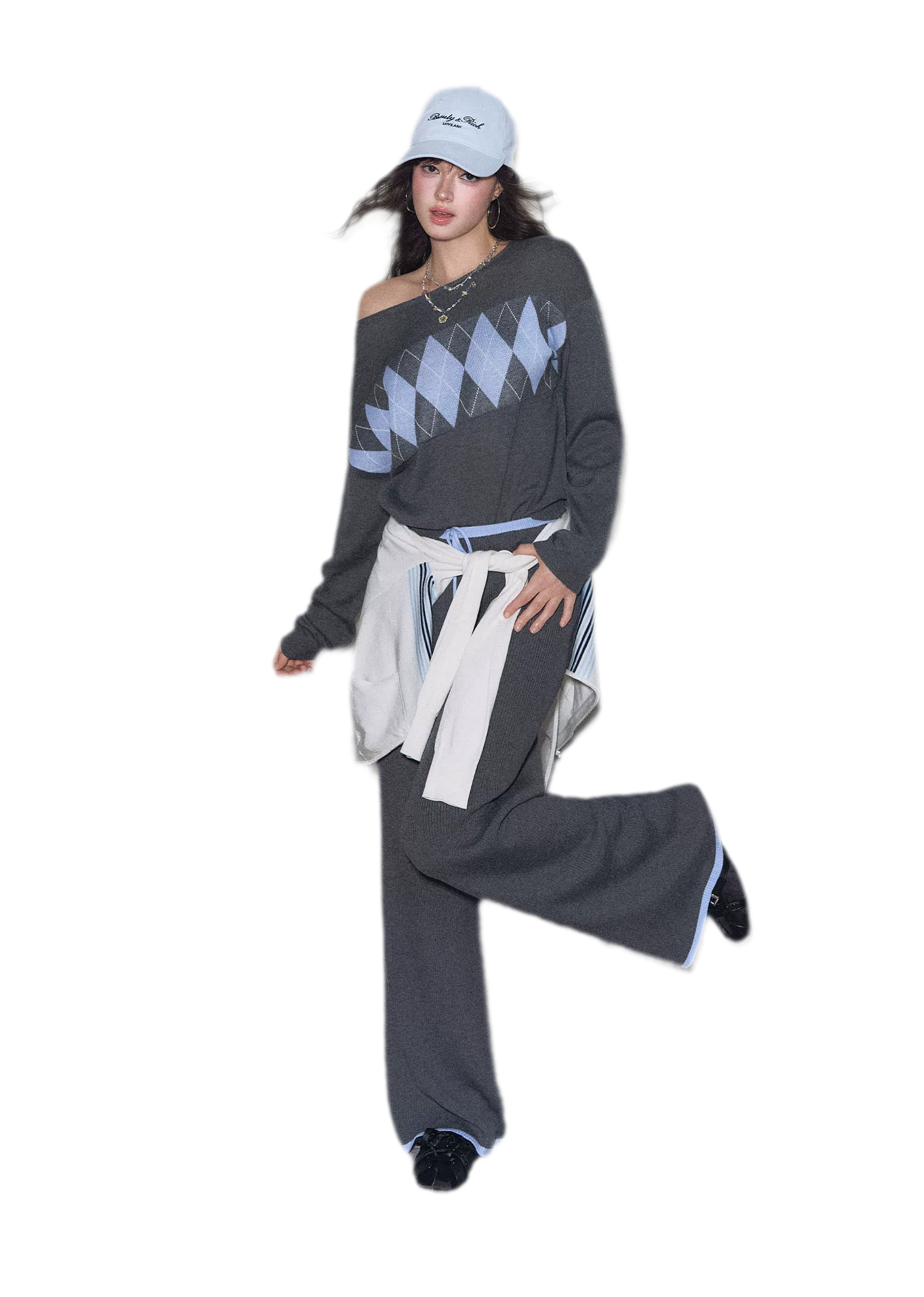Argyle Off-Shoulder Knit Set