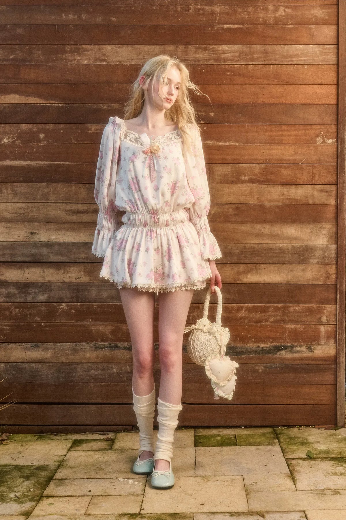 Floral Lace Puff-Sleeve Dress Set
