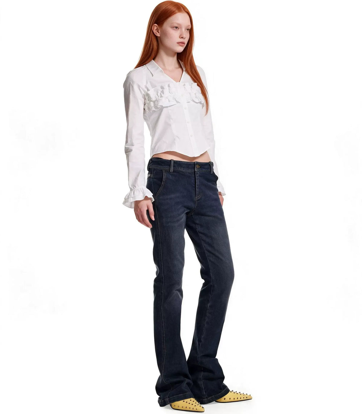 Pleated Ruffle Puff-Sleeve Shirt