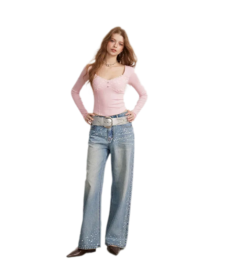 Rhinestone Pearl Wide-Leg Jeans