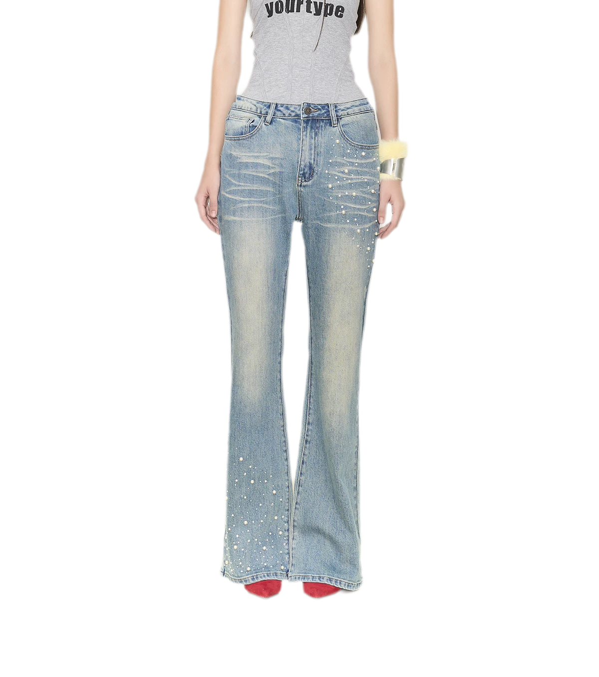 Pearl Embellished Straight Jeans