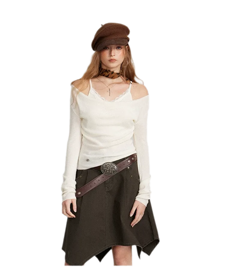 Draped Lace Trim Knit Top