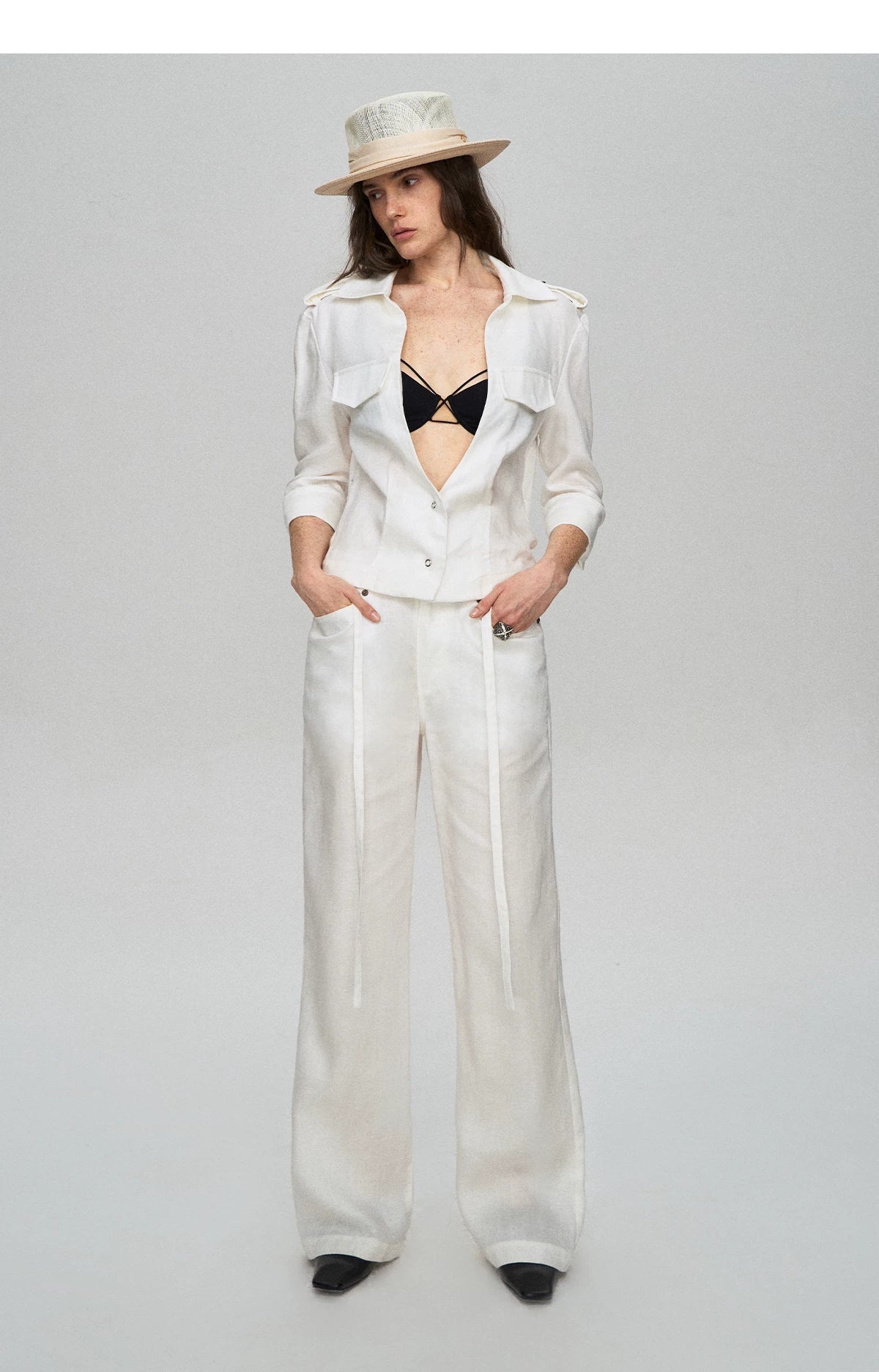 Tencel Linen Cool-Feel Mid-Sleeve Shirt & High-Waist Wide-Leg