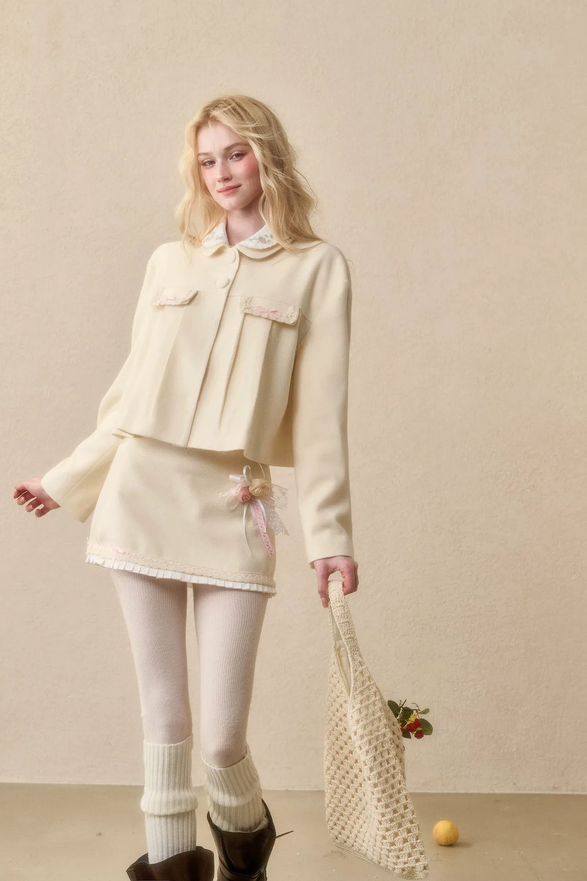 Embroidered Boxy Jacket Skirt Set
