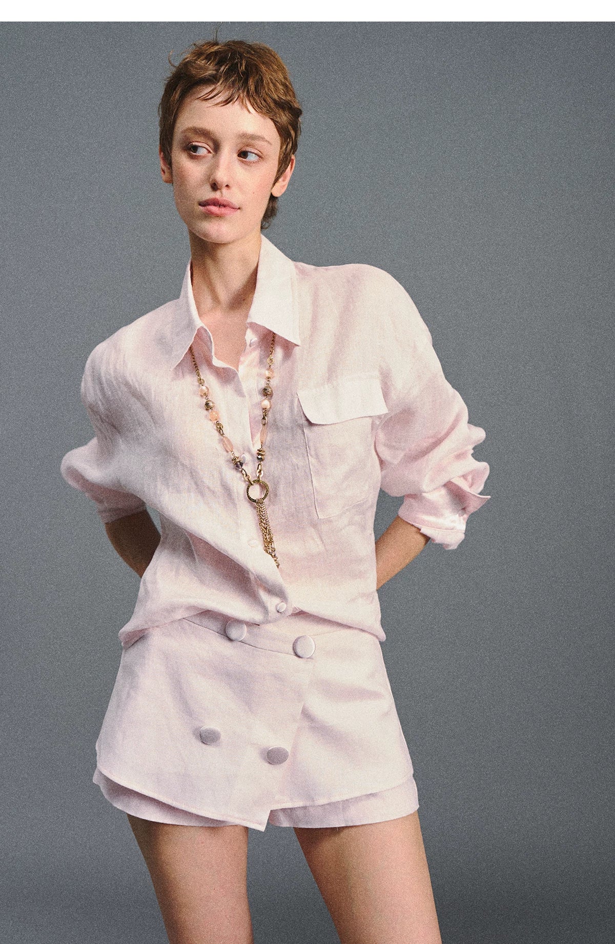 Linen Satin Waist-Cinched Shirt & Skirt Set