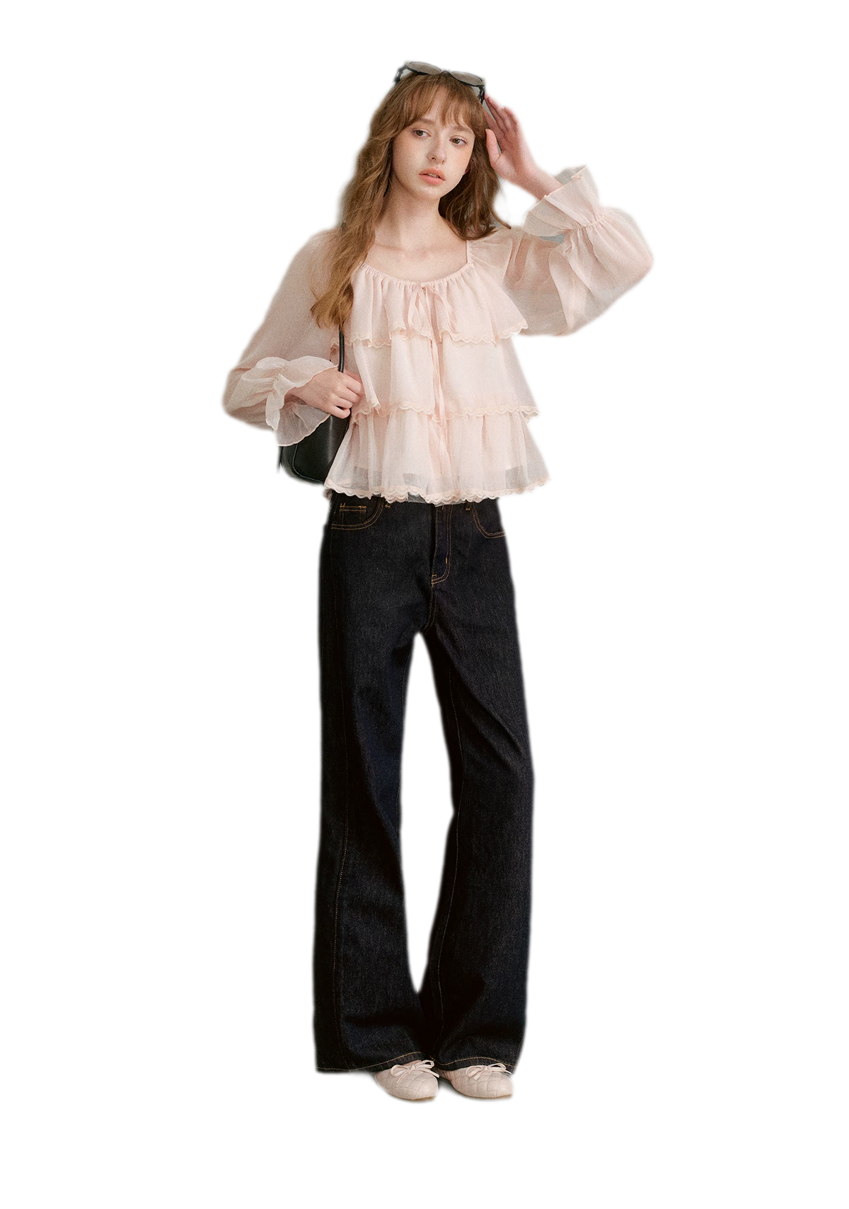 Chiffon Ruffle Lantern Sleeve Blouse