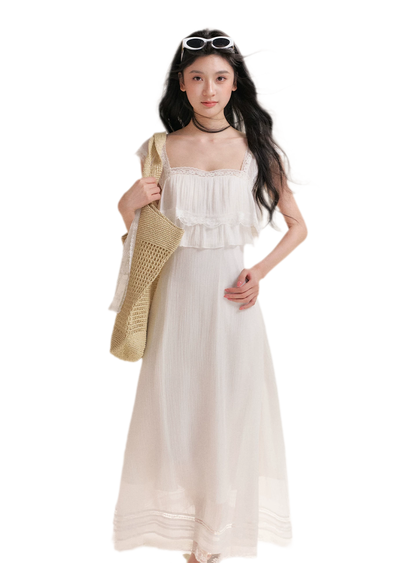 Lace Ruffle Waist Long Dress