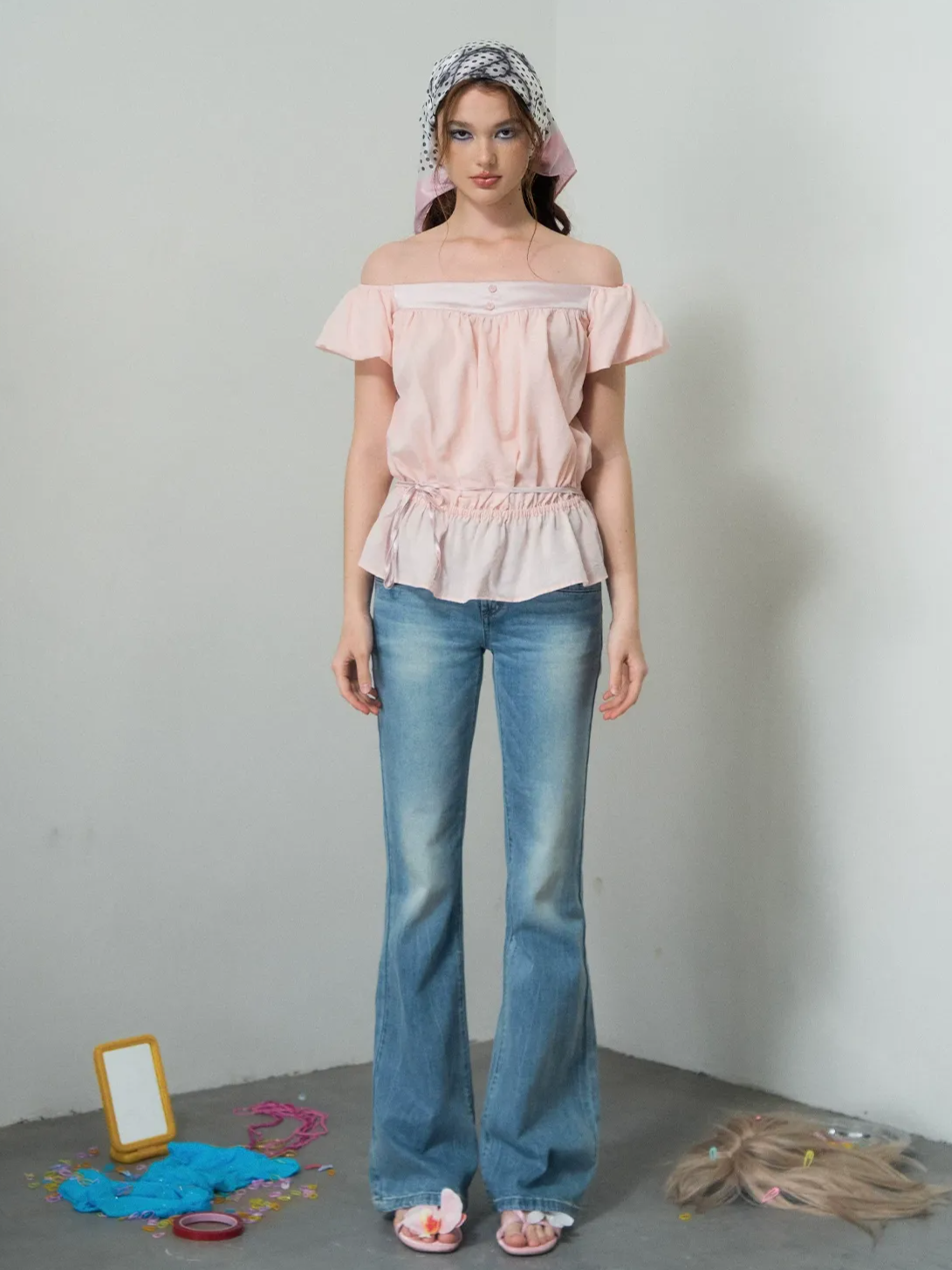 Washed Low-Rise Flare Jeans