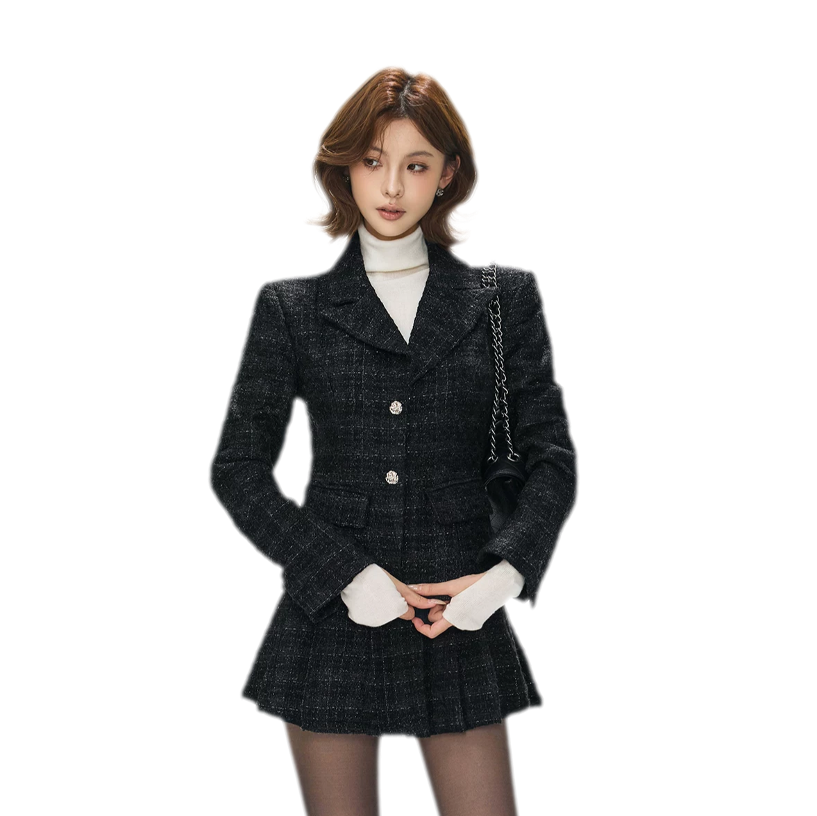 Tweed Jacket Pleated Skirt Set