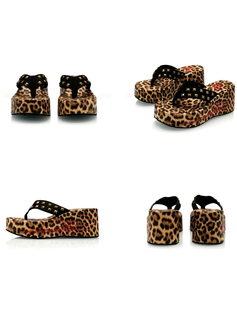 Studded Animal Print Platform Slides