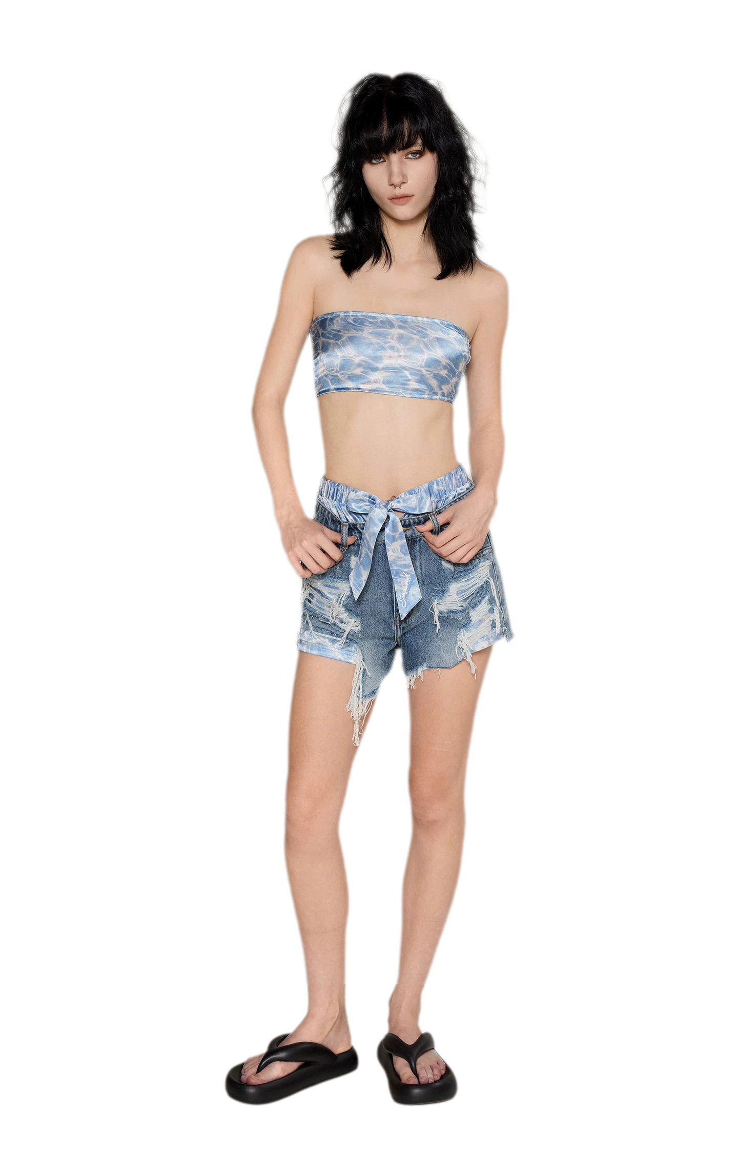 Wave Trim Denim Shorts