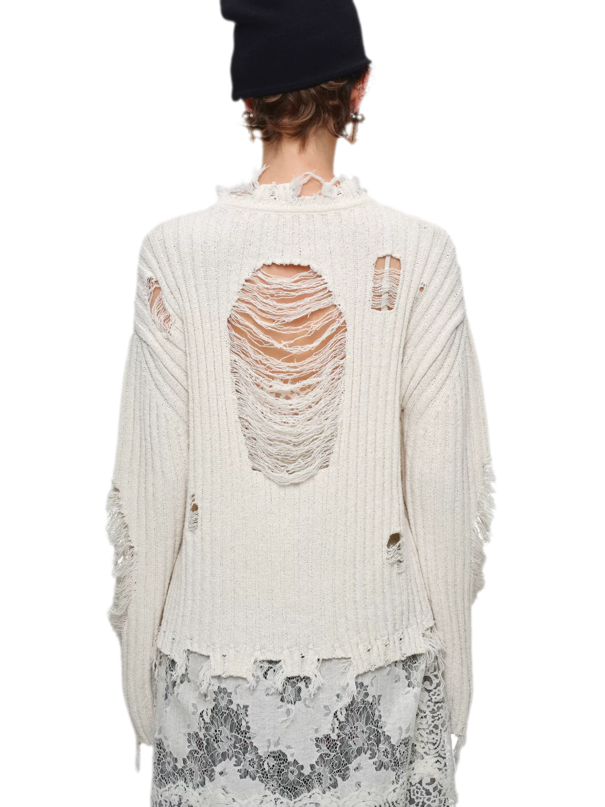 Gerippter Pullover mit Distressed-Details