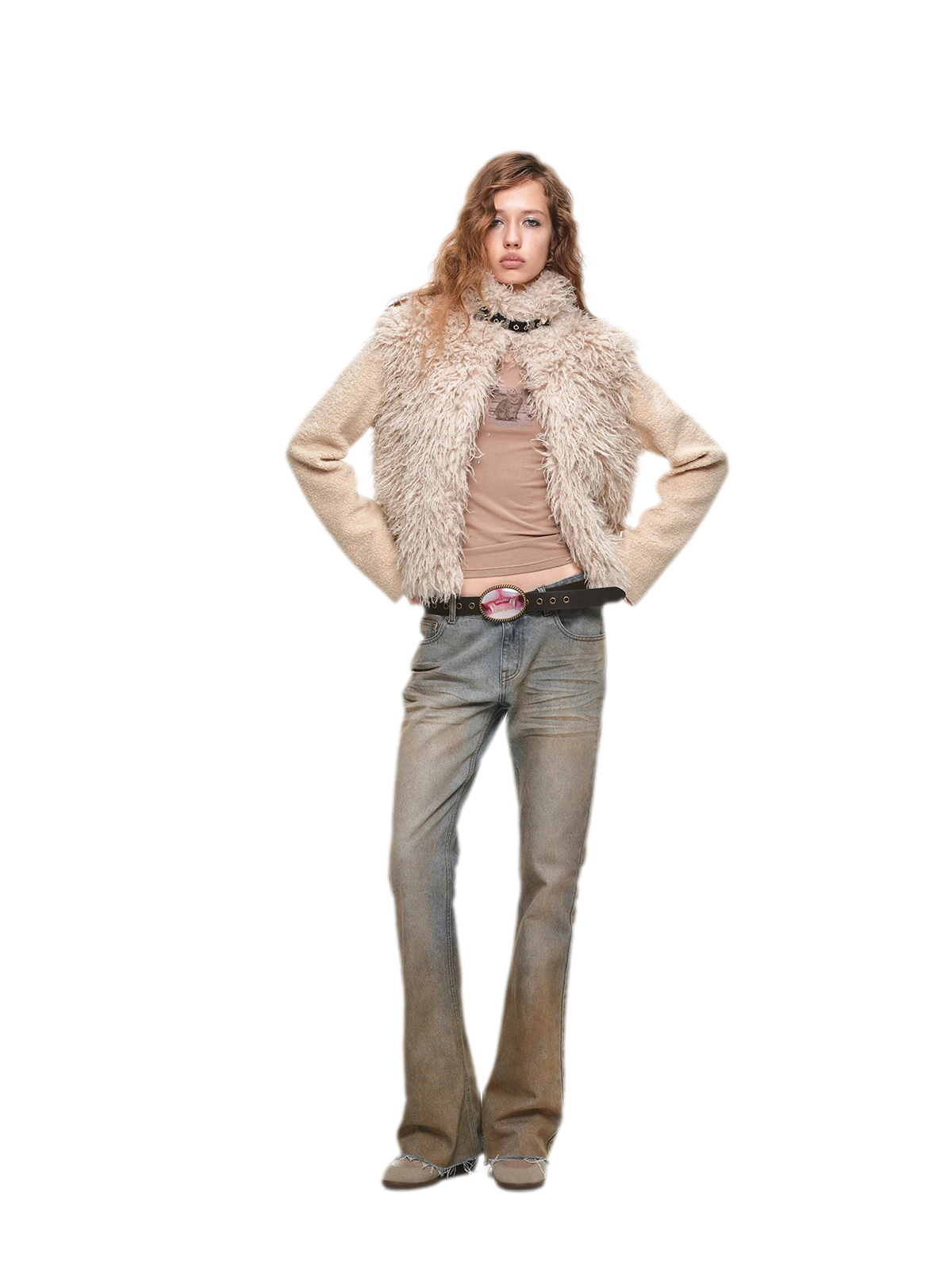 Veste courte en laine à ceinture contrastante