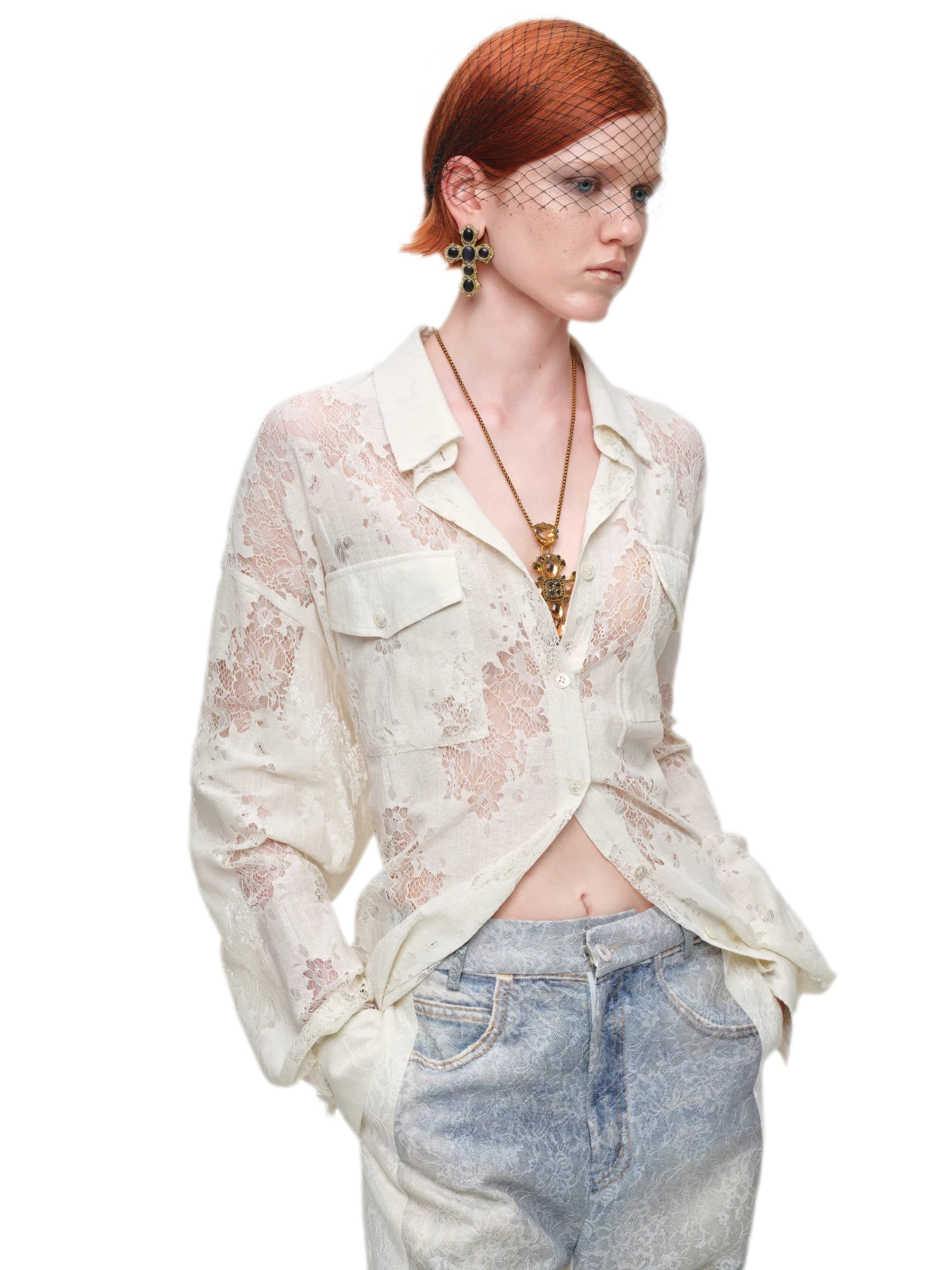 Lace Oversized Tie Shirt