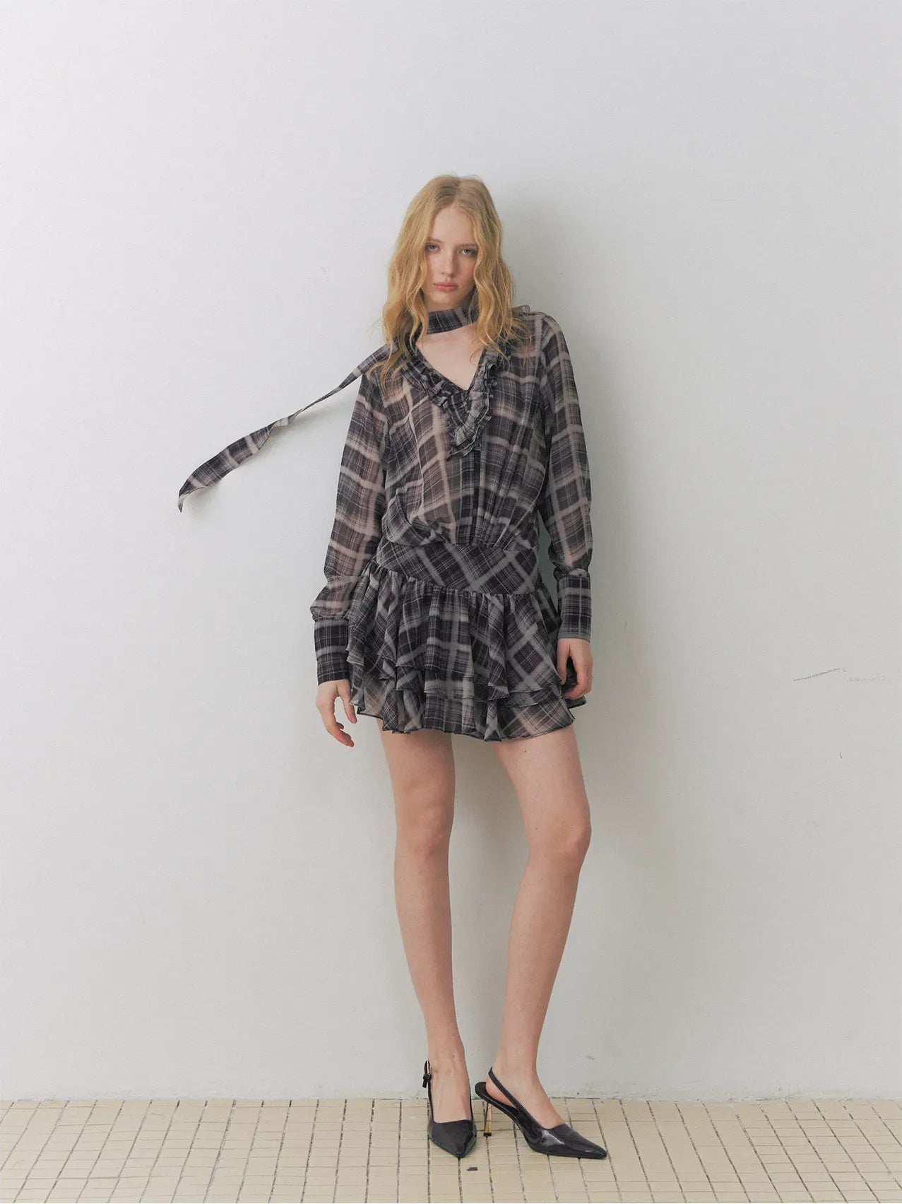 Plaid Chiffon V-Neck Dress