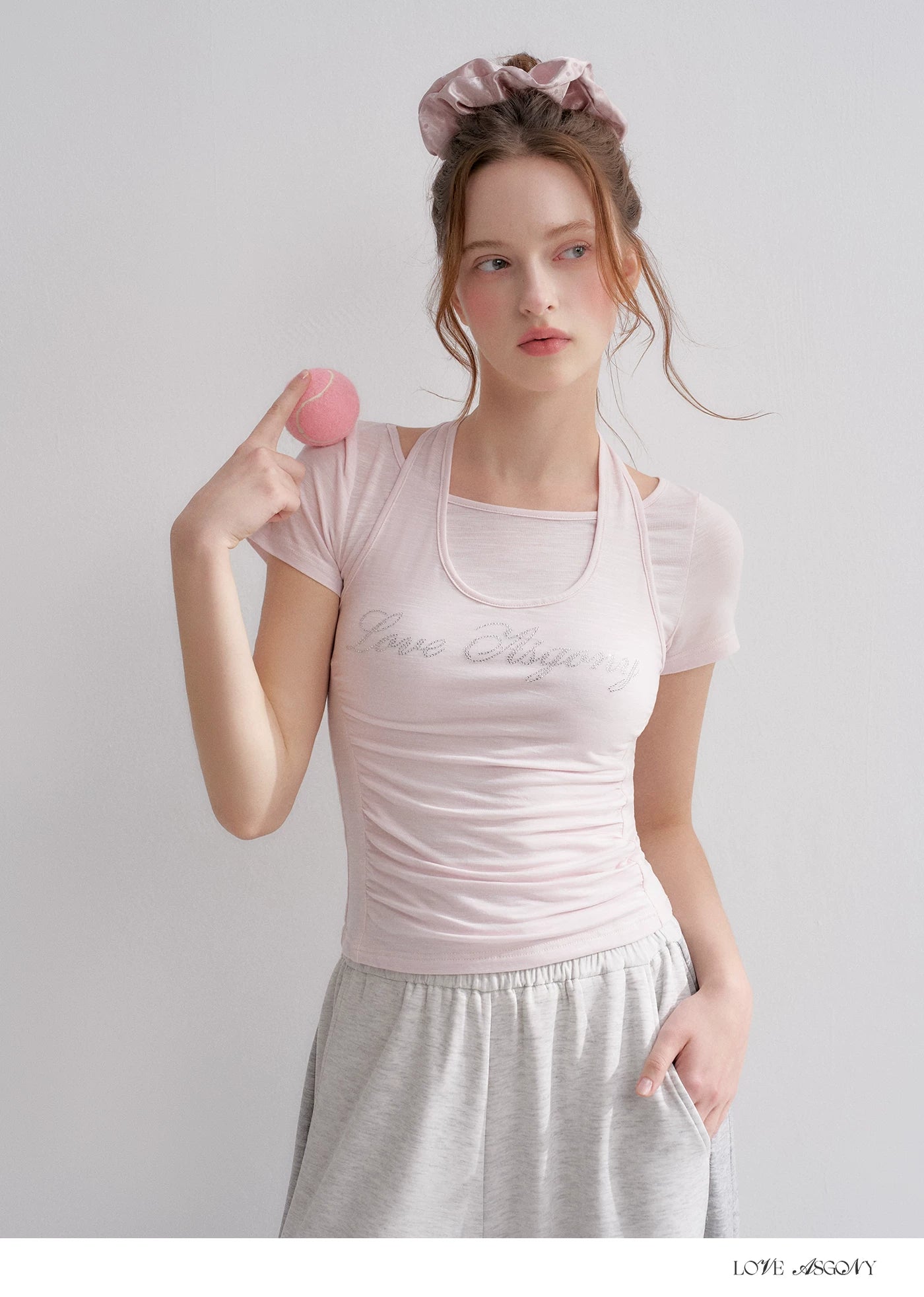 Lyocell Rhinestone Pleated Short Sleeve T-Shirt