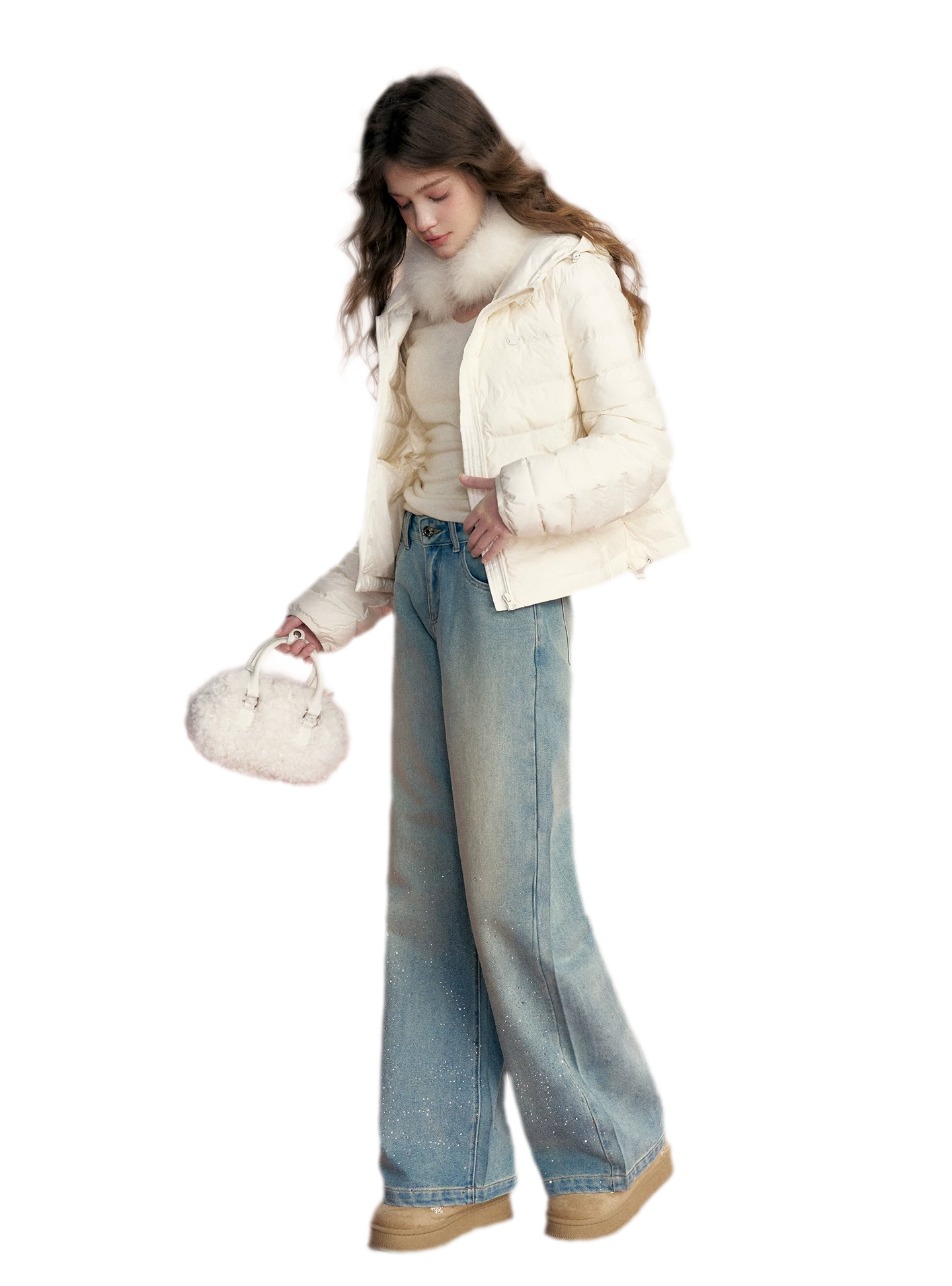 Embellished Fleece-Lined Wide-Leg Jeans