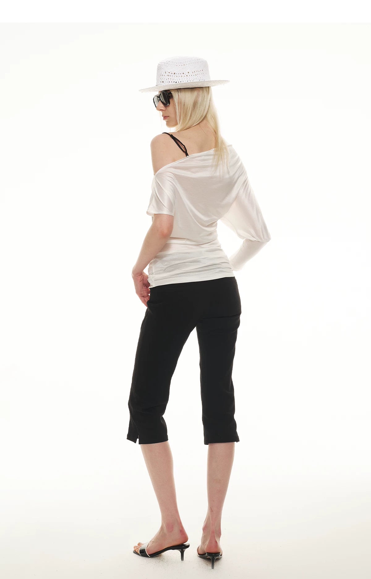 Silky Satin Texture Asymmetric Off-Shoulder Lace Trim T-Shirt