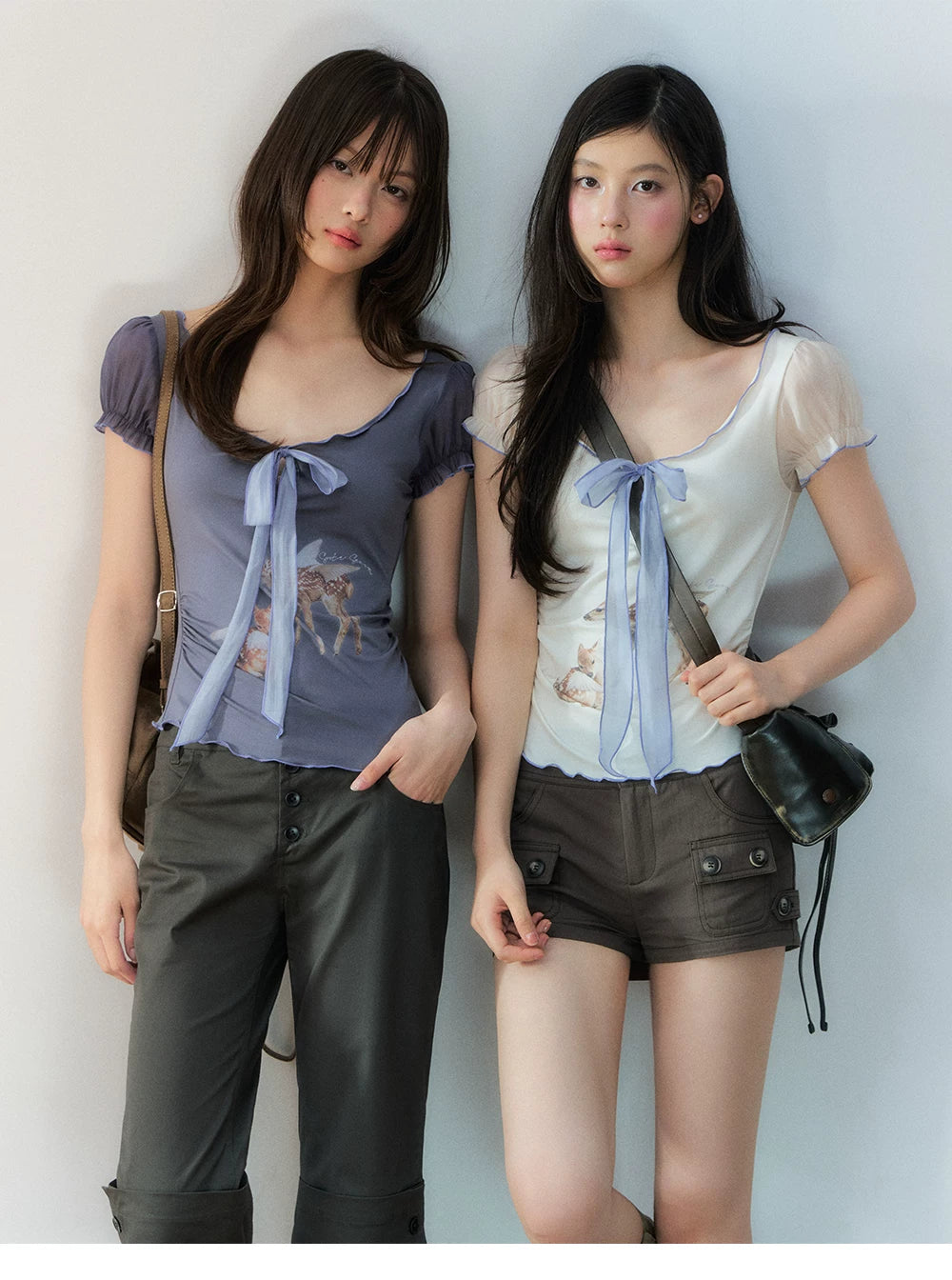 Korean Lyocell Deer Print Ribbon T-Shirt
