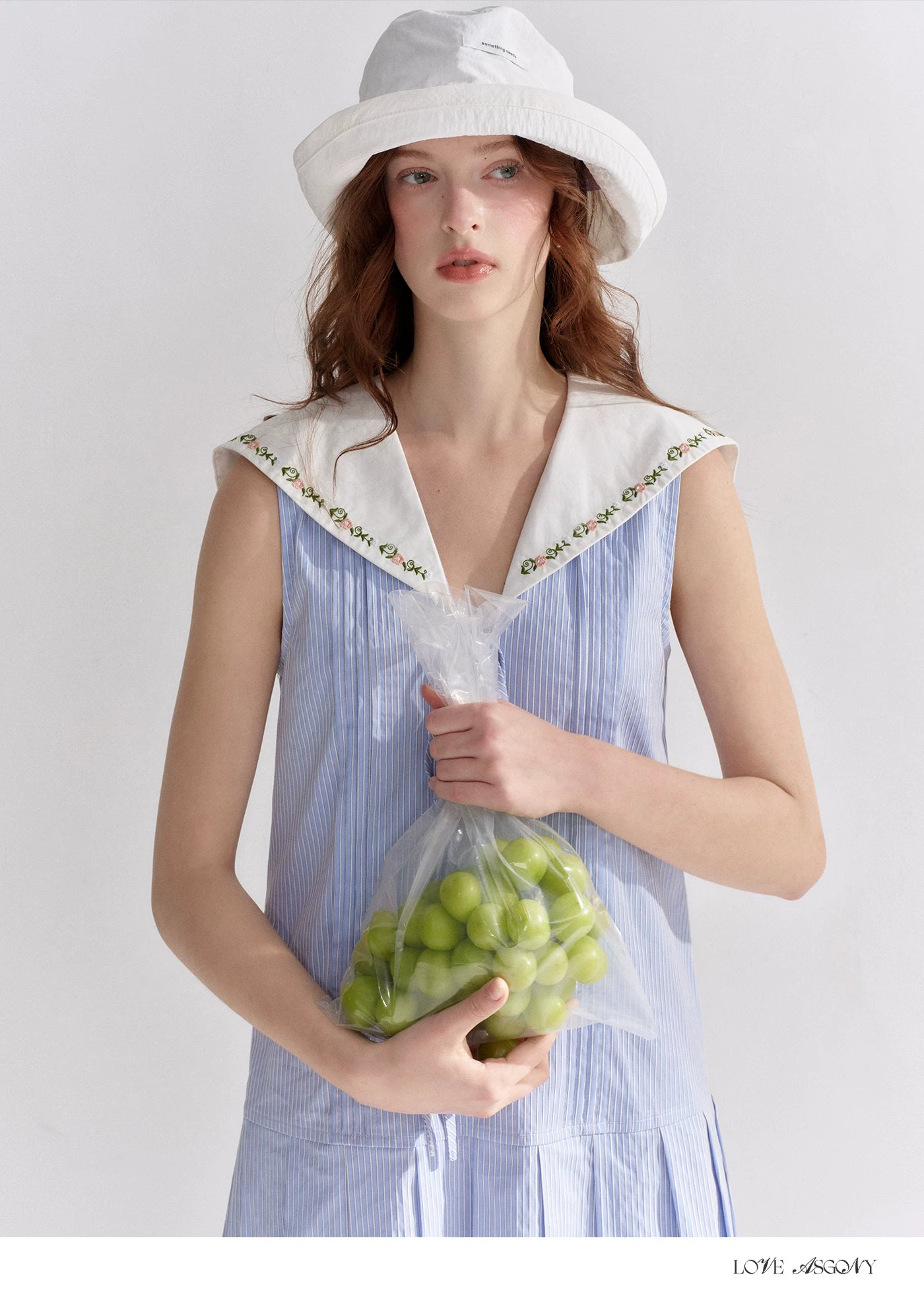 Embroidered Blue Striped Sailor Collar Pleated Dress