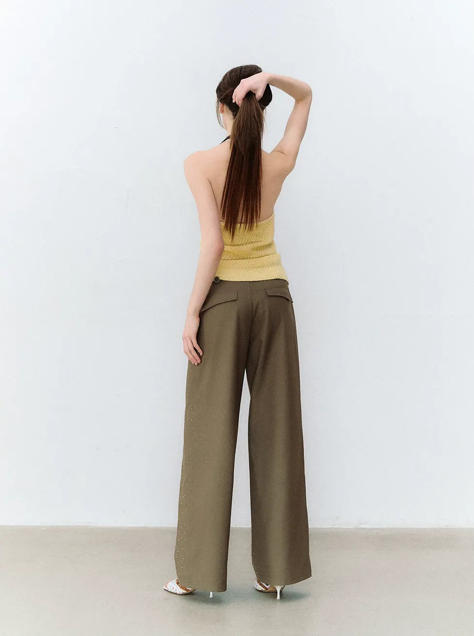 Rhinestone Pleated Waistband Wide-Leg Pants