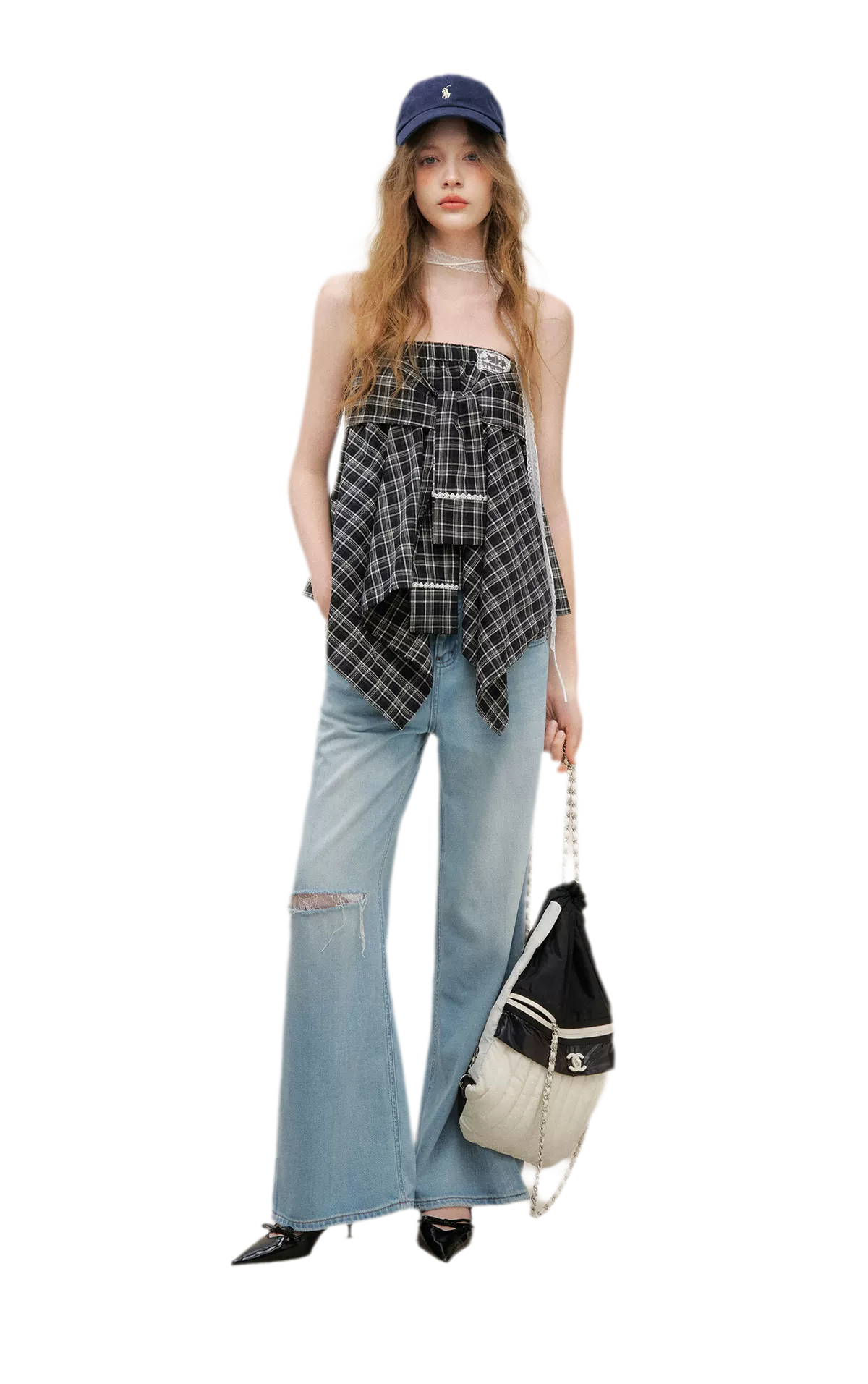 Asymmetric Lace Patchwork Plaid Skirt/Top