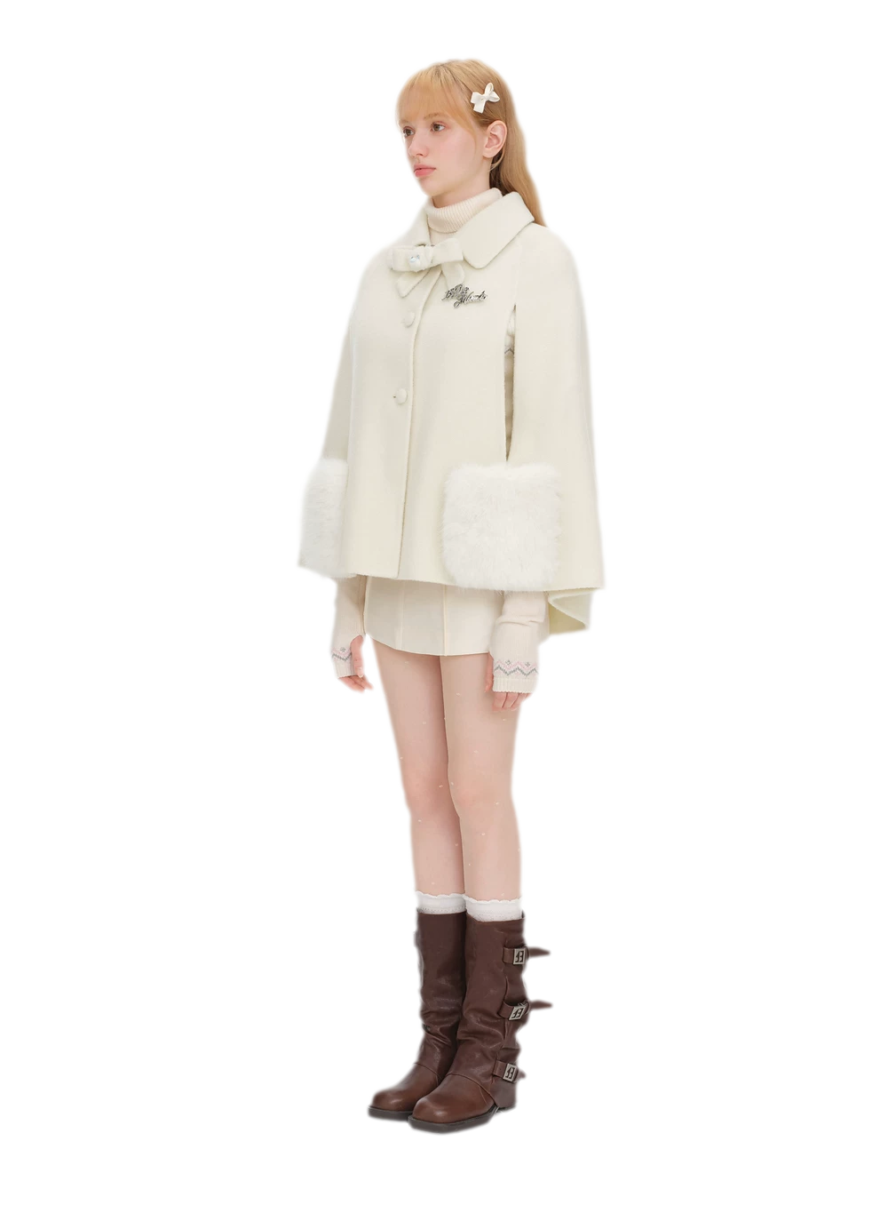 Cappotto mantella in peluche con fiocco