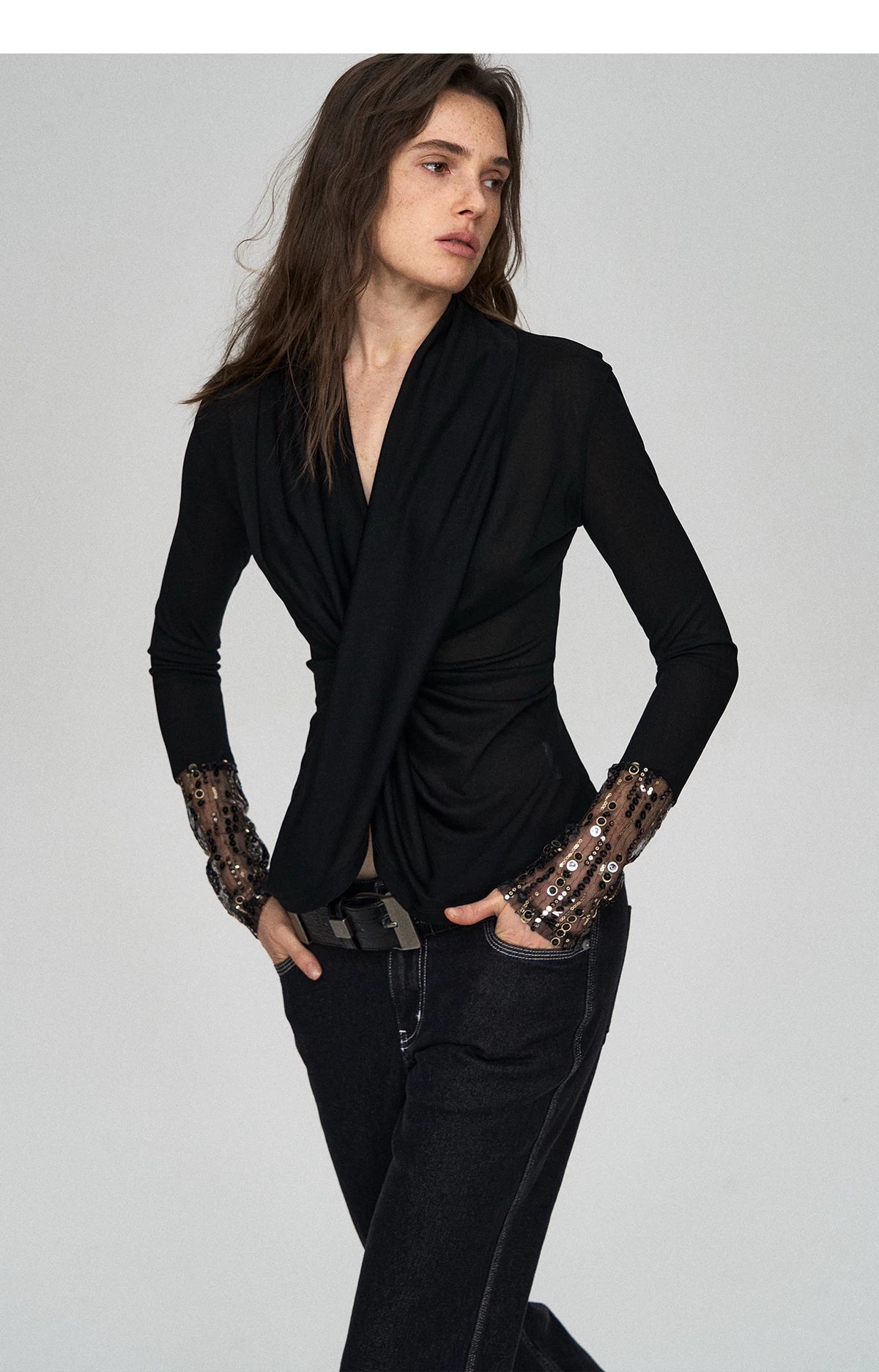 Embroidered Acetate Silk Cross-Knot Long Sleeve T-Shirt