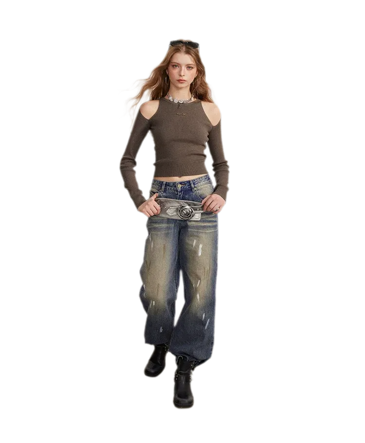 Washed Paint-Splatter Wide-Leg Jeans