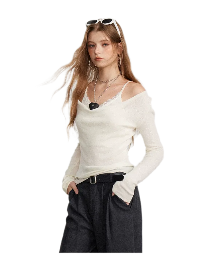 Draped Lace Trim Knit Top