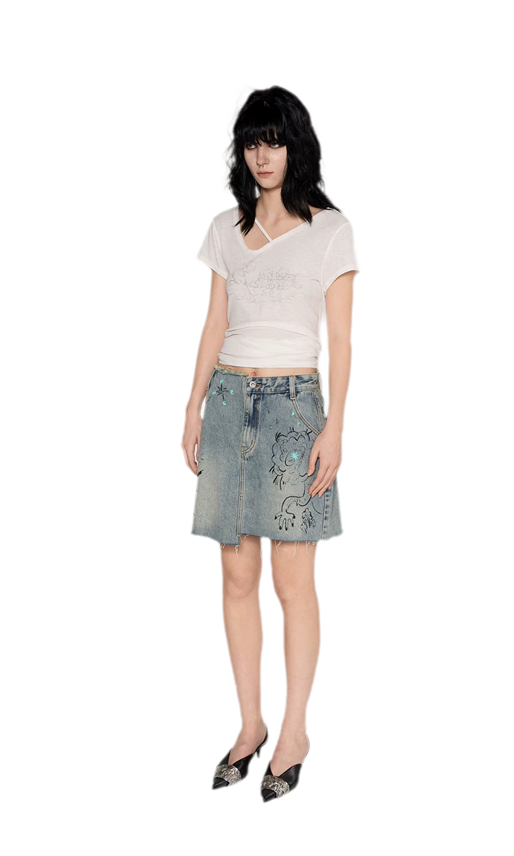 Washed Graffiti A-Line Denim Skirt