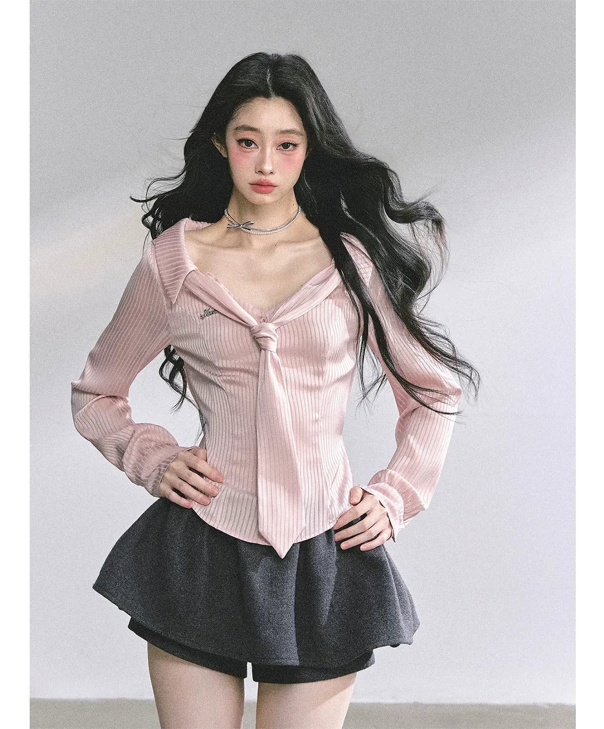 Satin Striped Tie Shirt