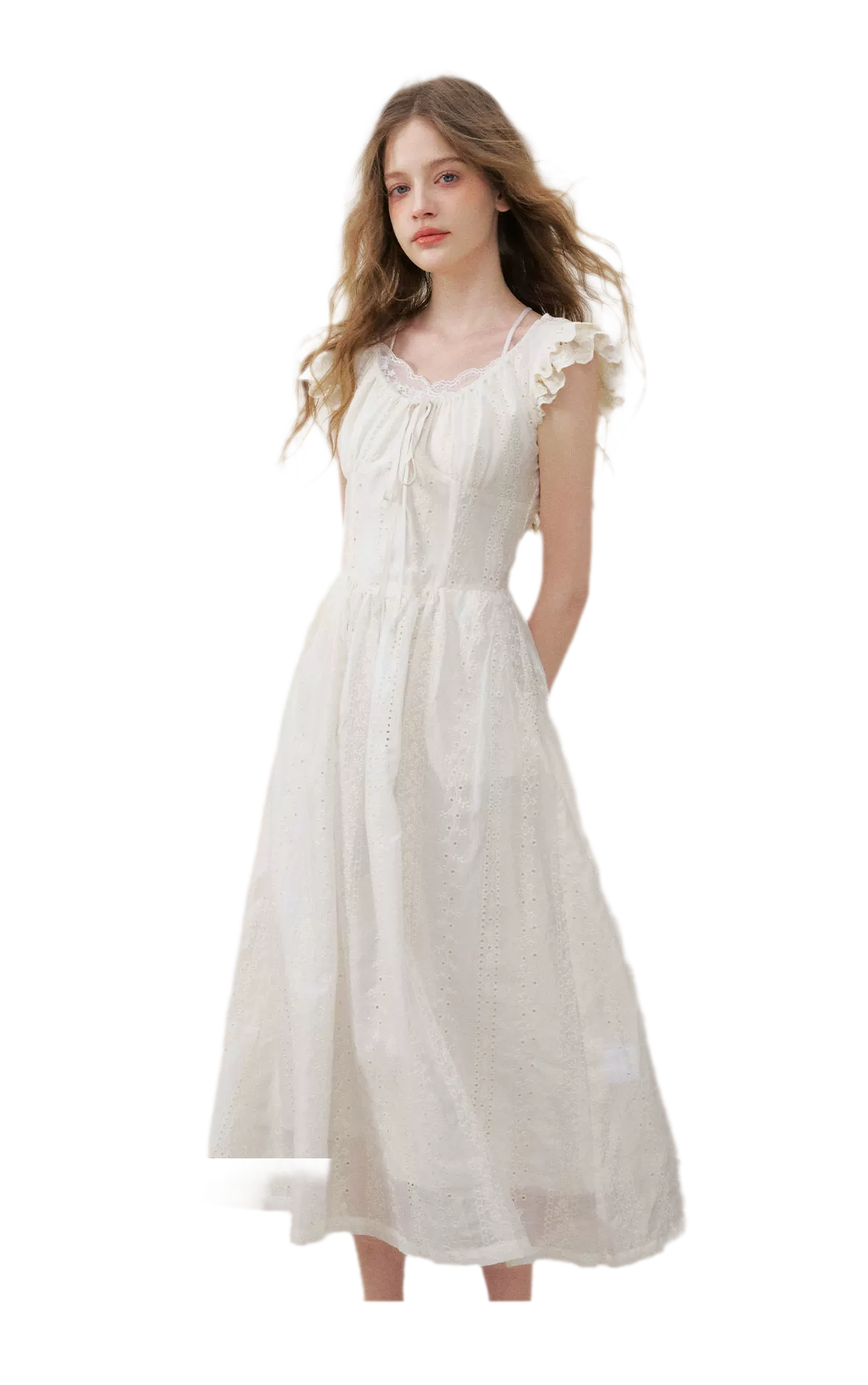 Embroidered Flutter Sleeve Dress