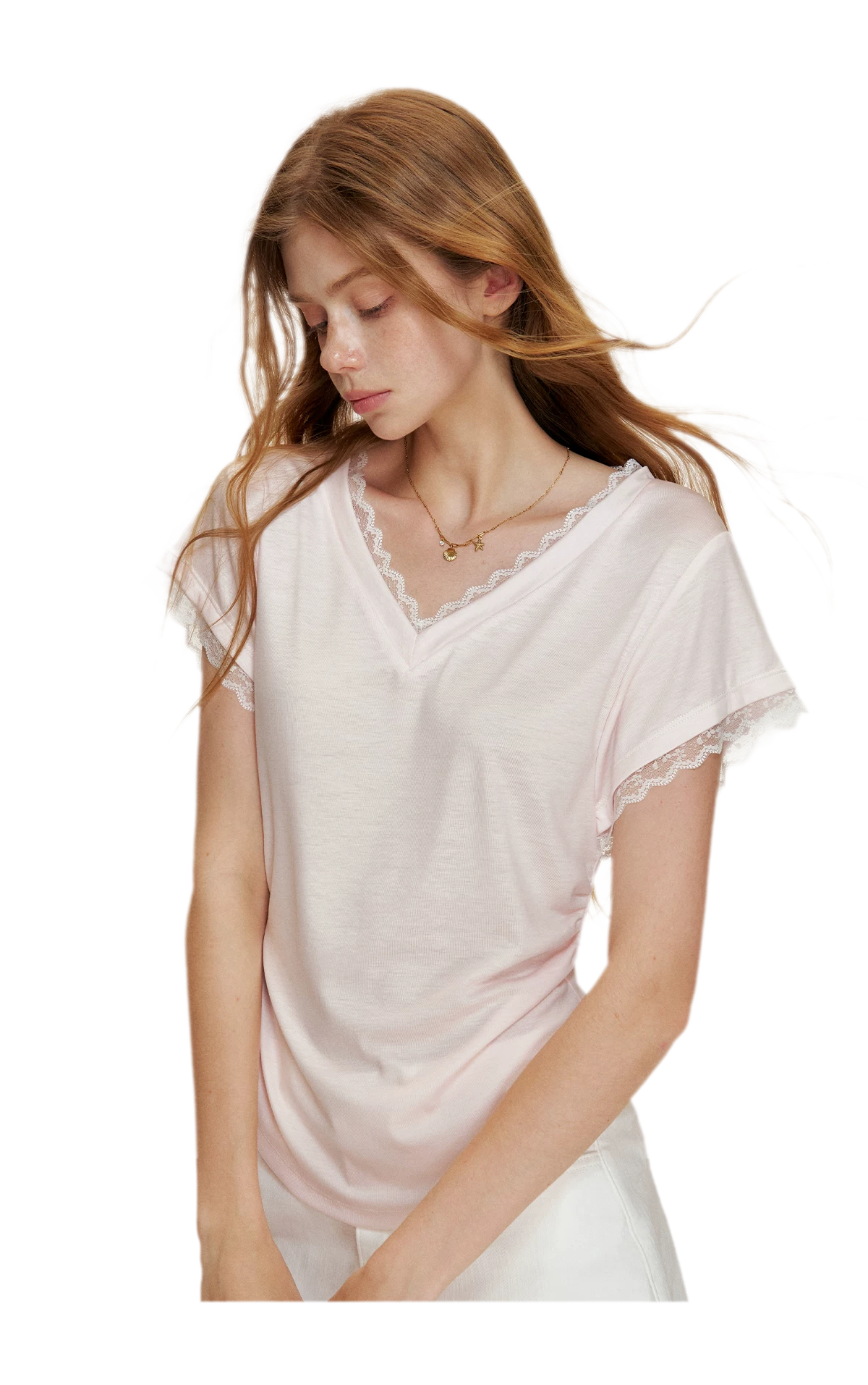 Tencel Lace Trim Loose Short Sleeve T-Shirt