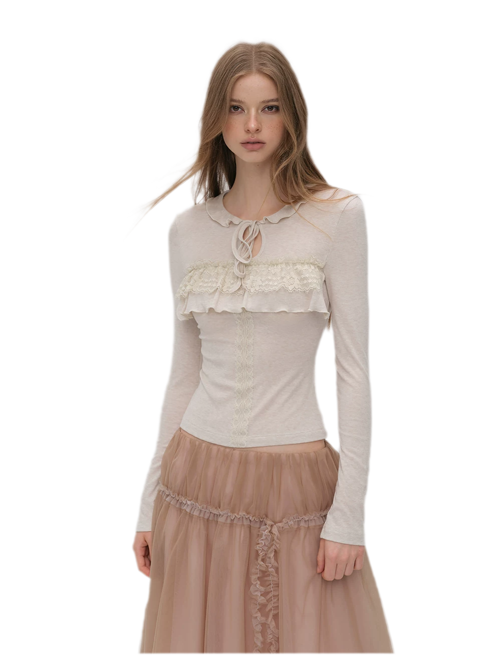 Wool Blend Lace Tie T-Shirt