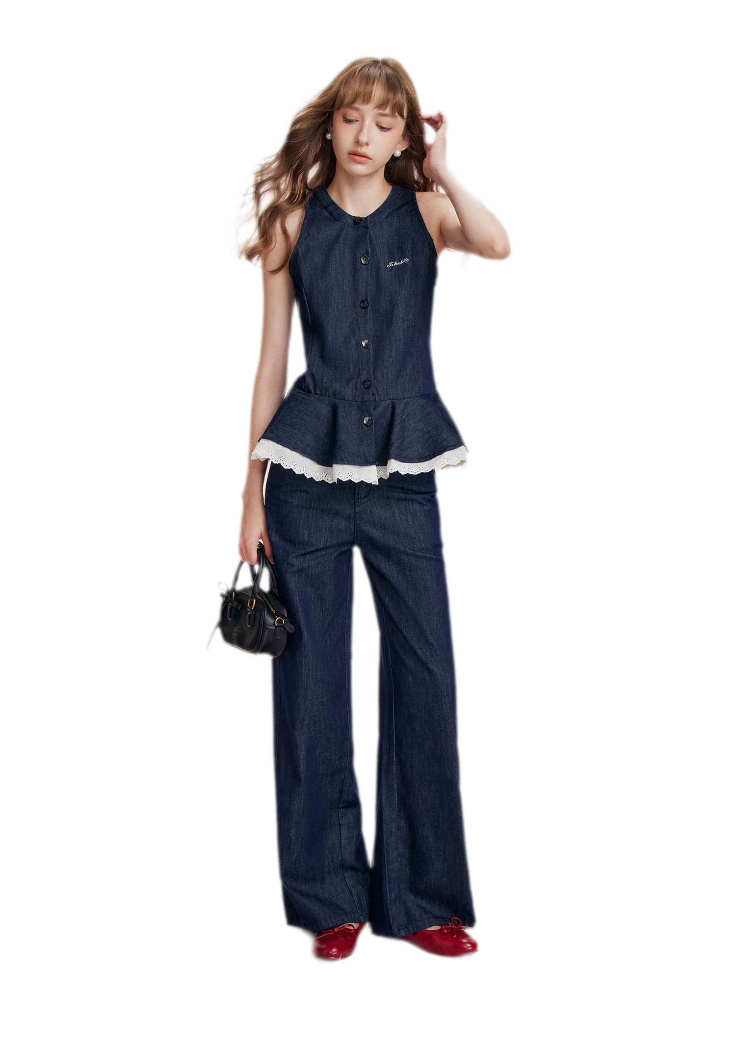 Lace Trim Peplum Denim Set