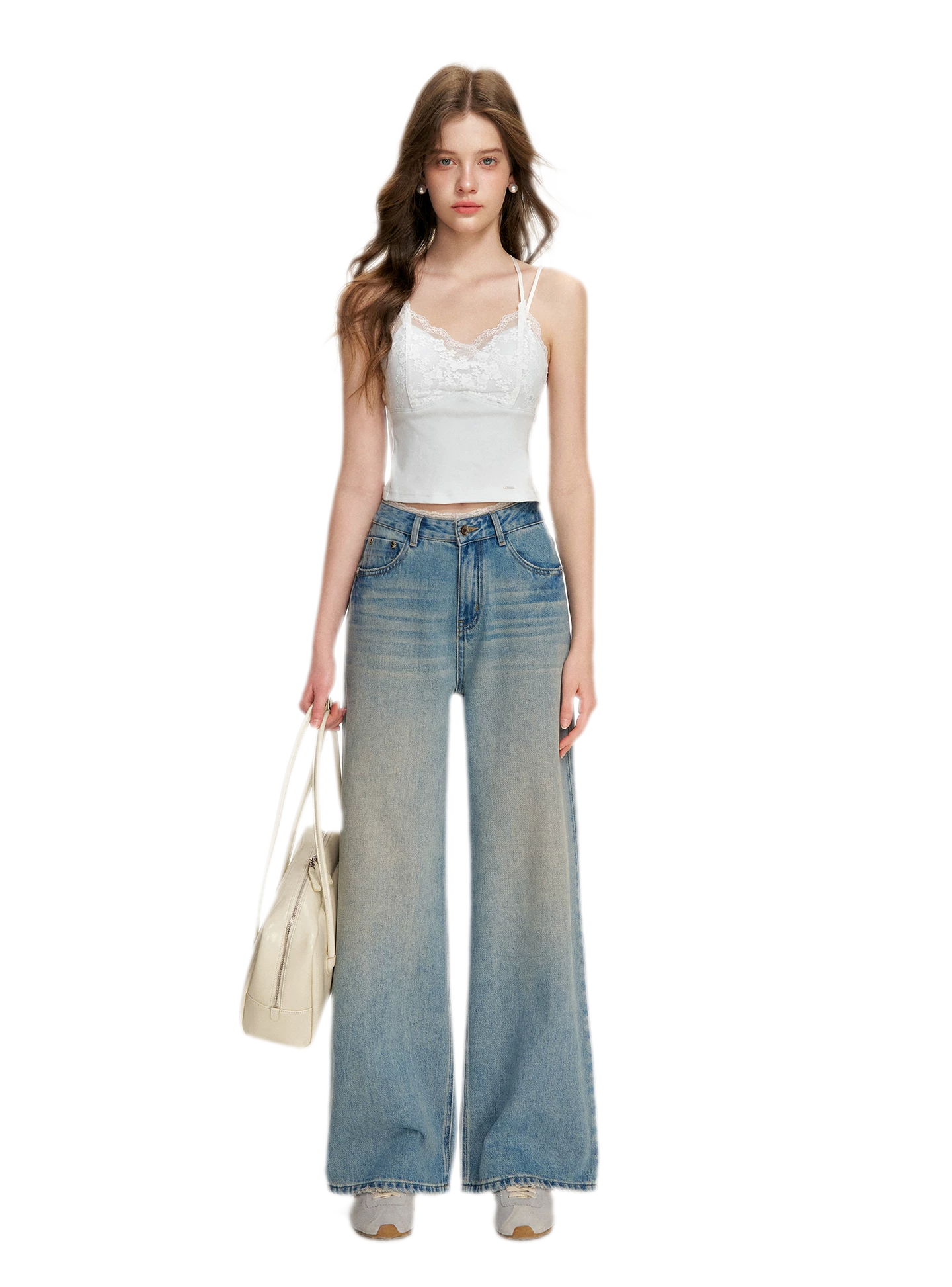 Lace-Trimmed Wide-Leg Denim Pants