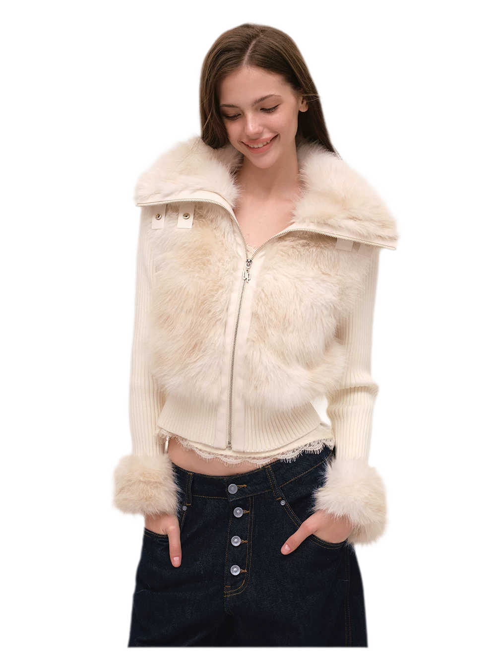 Taillierte Jacke mit Kunstpelz und Stehkragen