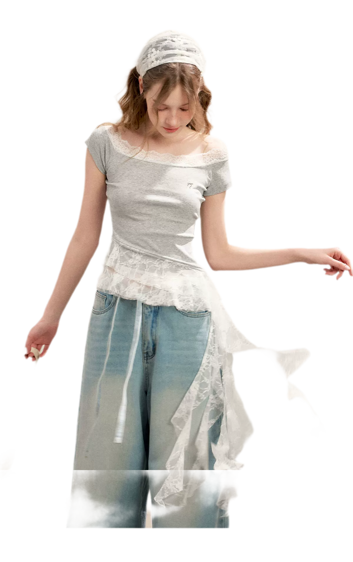 Asymmetric Lace Off-Shoulder T-Shirt