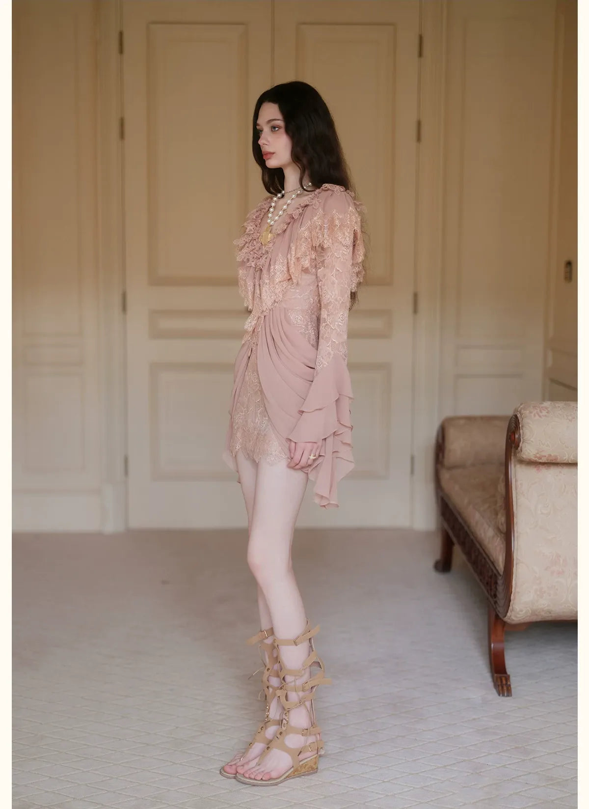 Lace Pleated V-Neck Dress