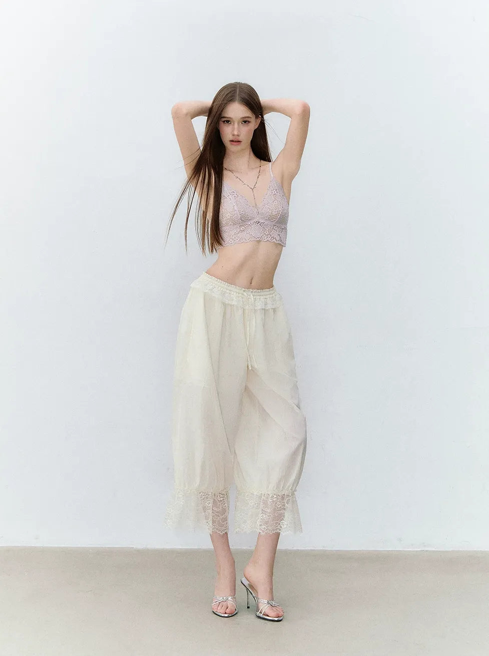 Relaxed Fit Tencel Lace Patchwork Wide Leg Pants